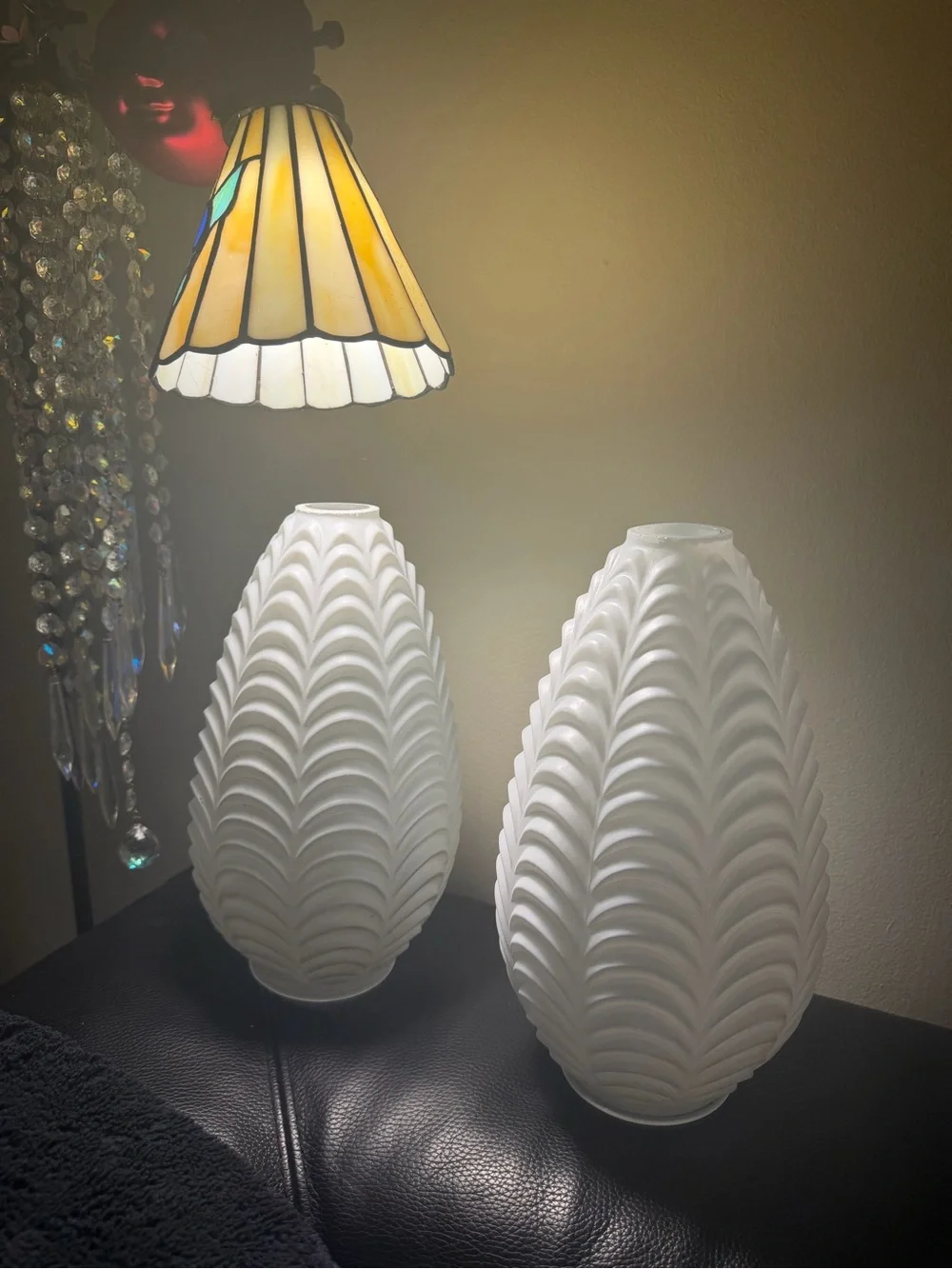 Vintage Pair MCM Tear Drop Swag Light Shade Covers White Glass Ruffled Feather